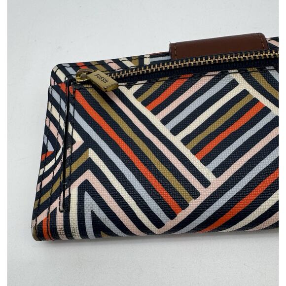Fossil Madison Slim Clutch Wallet Geometric Red Blue Brown Leather - Picture 5 of 7